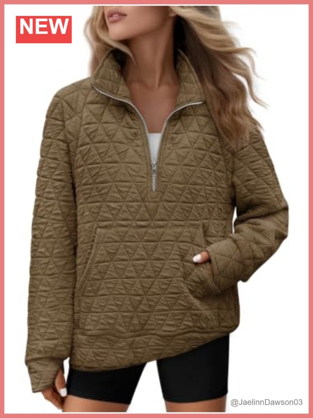 Quilted Quarter Zip Pullover Sweatshirt with Pocket, Thumbholes, Relaxed Fit,